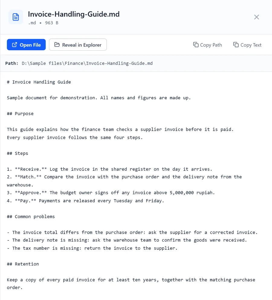 The preview panel of LookLook showing the text of a Markdown file, with the buttons Open File and Reveal in Explorer.