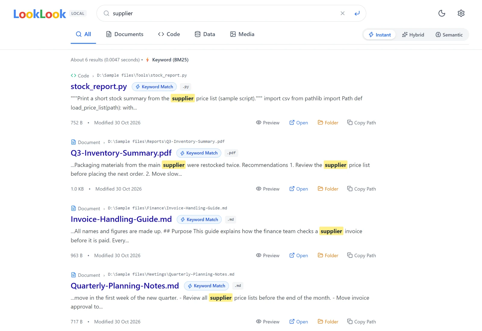 LookLook's search screen showing six results for the word supplier, with highlighted matches, file type, size and Preview, Open, Folder and Copy Path buttons.